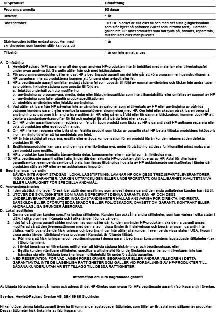 Garantiinformation Det här avsnittet innehåller följande ämnen: Hewlett-Packards begränsade garanti Garantiinformation för bläckpatroner Hewlett-Packards begränsade garanti Garantiinformation för