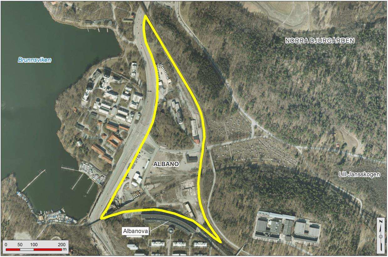 5.1 Tidigare studerade men avförda alternativ 5.1.1 Albano mellan Roslagsvägen, Roslagsbanan och AlbaNova Området är under intensiv planering för utbyggnad av Stockholms Universitet och Kungliga Tekniska Högskolan.
