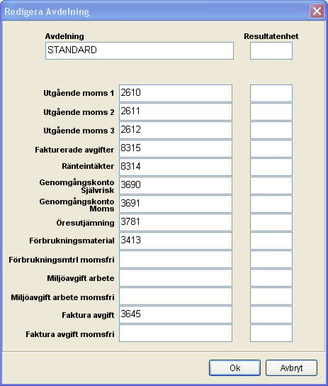 Här kan alla konton anges i en och samma funktion för denna avdelning. Miljöavgifter arbete Fasta eller % beräknade miljöavgifter kan anges.