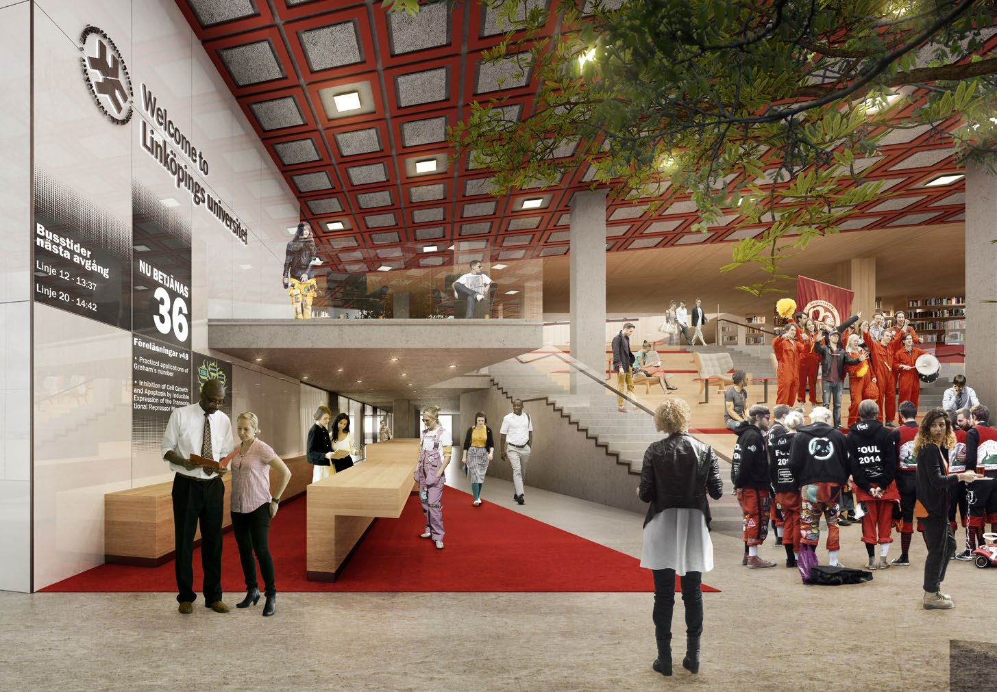 2.2 PROJEKTBESKRIVNING - ALLMÄN BESKRIVNING Studenthuset möter Corson med en öppen, publik entréhall i två plan. Entréhallen innehåller bl.a. reception, sittplatser för restaurangen och ett studentdrivet café.