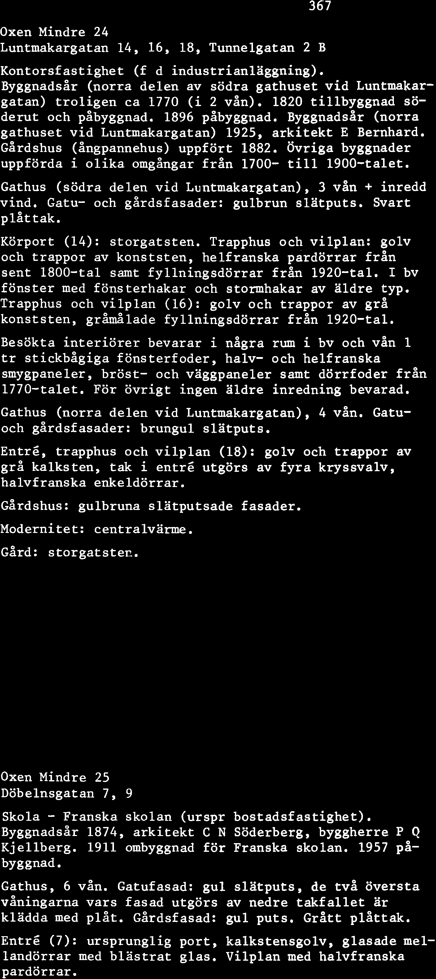 Oxen Mindre 24 Luntmakargatan 14, 16, 18, Tunnelgatan 2 B Kontorsfastighet (f d industrianläggning). Byggnadsår (norra delen av södra gathuset vid Luntmakargatan) troligen ca 1770 (i 2 vån).