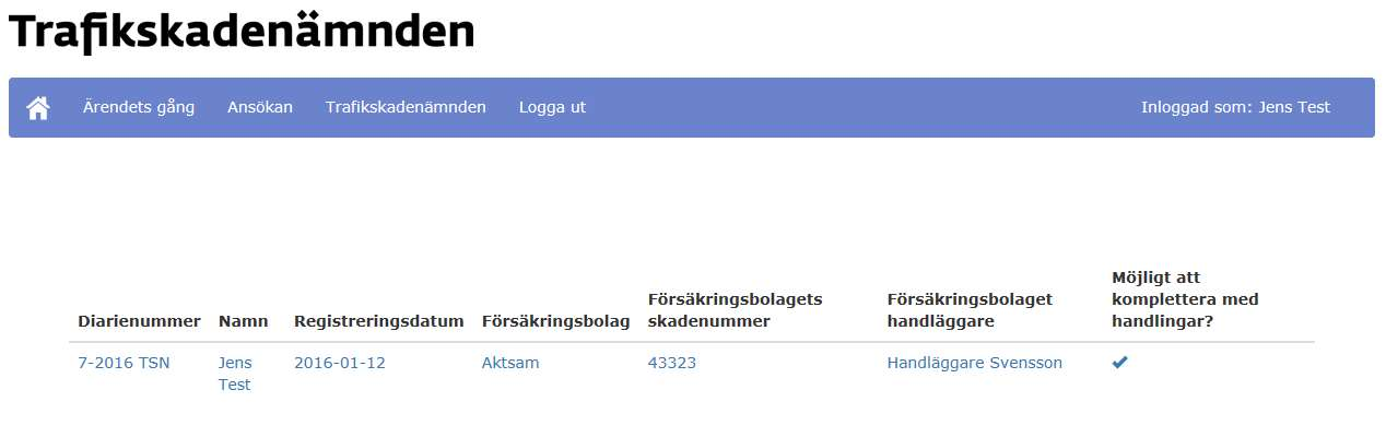 Ärendelista i portalen Förstasidan efter inloggning i portalen visas kontaktpersonens samtliga ärenden hos nämnden.