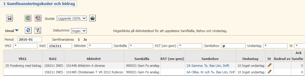 5 Gå vidare till Projekt/Projektuppföljning flik: Samfinansiering för att lägga in finansiärens bidrag i kr/procent samt i de fall bidraget är angett i kronor kalkylerade direkta kostnader: Öppna