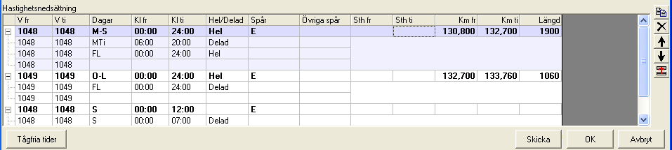 2.2 Ange tillfälliga hastighetsnedsättningar Du kan ange tillfälliga hastighetsnedsättningar för ett objekt innan du sparar det i banarbetslistan (se avsnittet ovan).