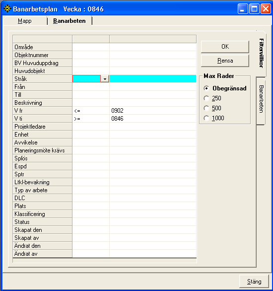 3. Filter i Trans 3.1 Filtrera objekt i banarbetslistan. Med filterfunktionen i Trans kan du på olika sätt begränsa innehållet i banarbetslistan. Du kan använda ett eller flera filtervärden. 1.
