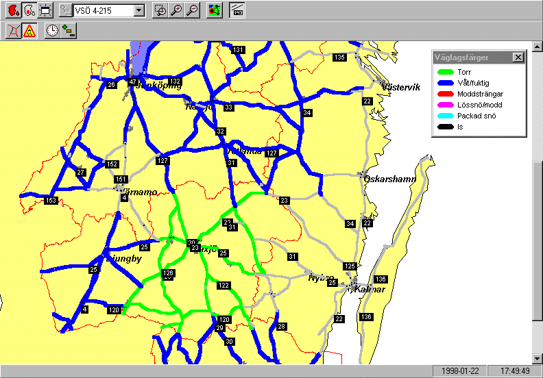 Rapport 1997 7 Väglag Även väglaget presenteras i en karta med olika färger för olika typer av väglag. Enbart de senaste rapporterna presenteras, om de befinner sig inom valt tidsfönster.