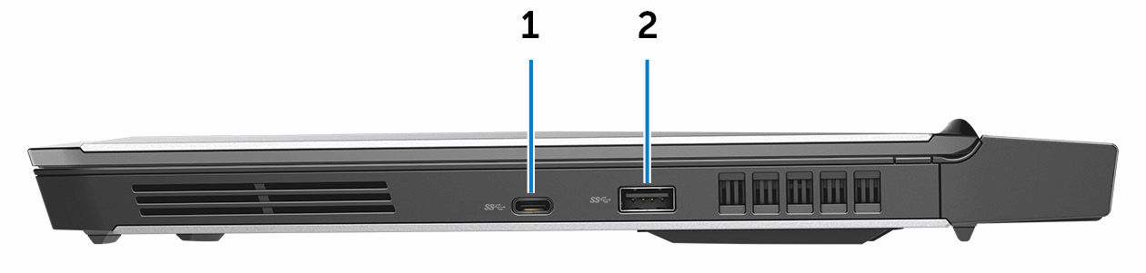 Höger 1 USB 3.0 (Typ-C)-port Anslut kringutrustning såsom externa lagringsenheter, skrivare och externa bildskärmar. Ger dataöverföringshastigheter på upp till 5 Gbit/s.