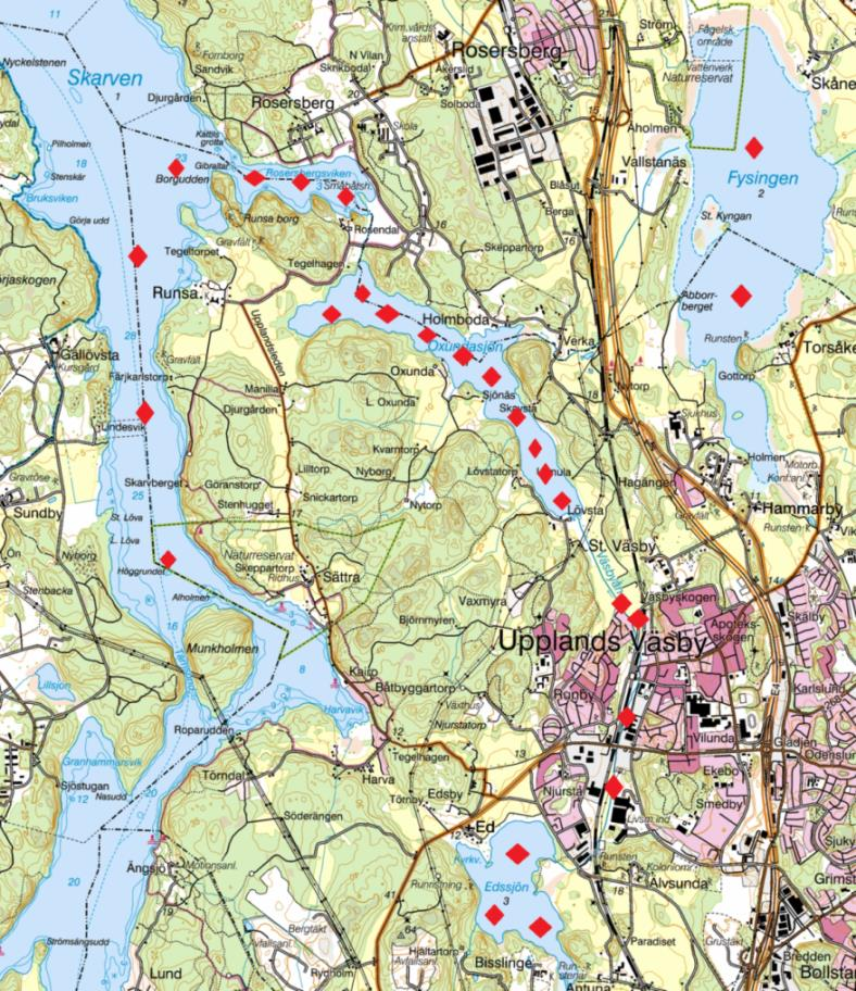 2.3 Påverkansområdets utbredning Sedimentens innehåll av PCB i Oxundaåsystemet har tidigare undersökts i Fysingen, Edssjön, Väsbyån, Oxundasjön och Rosersbergsviken och Mälarfjärden.