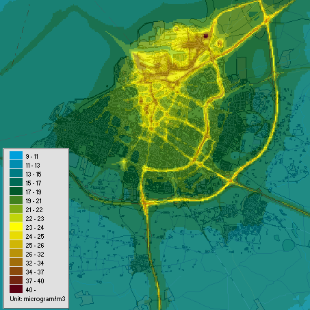 Kartläggning av luftkvalitén i Västra Hamnen vintern 2007/2008 14 3 SIMULERINGAR I datasystemet EnviMan finns det möjligheter att simulera luftföroreningshalter.