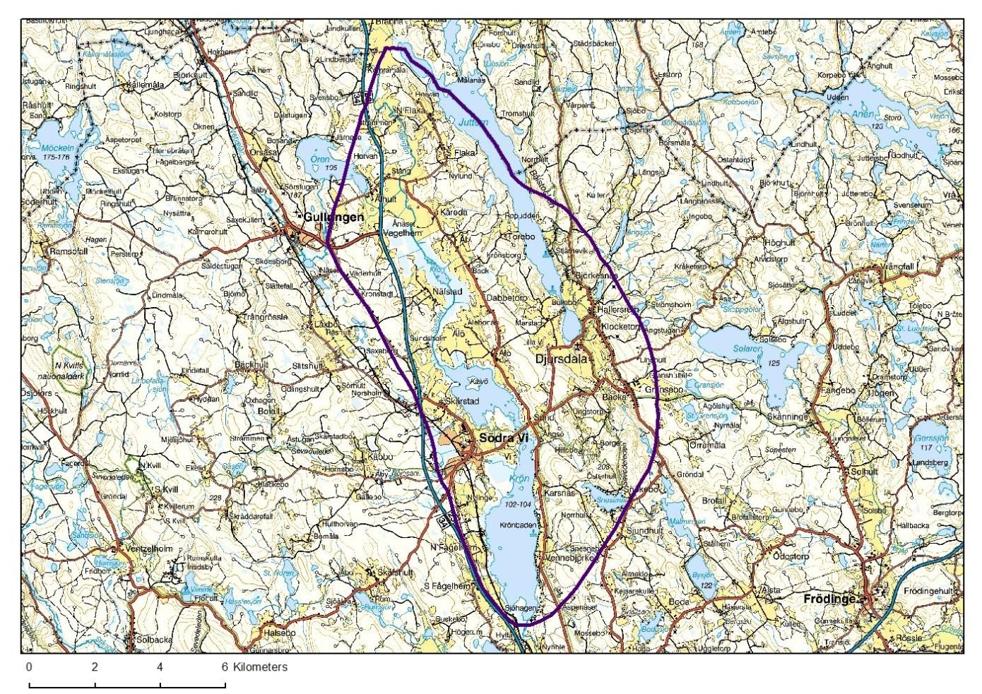 Karta: Riksintressets utbredning: Området omfattar Stångåns dalgång med sjöarna Krön och Juttern och