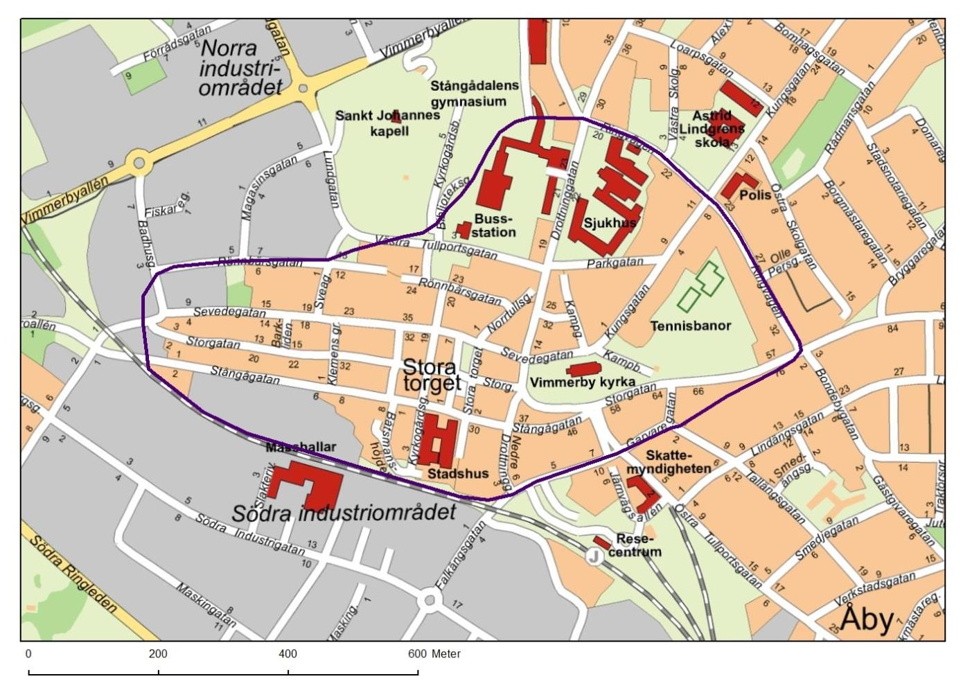 Karta: Riksintressets utbredning: Vimmerby äldsta och centrala