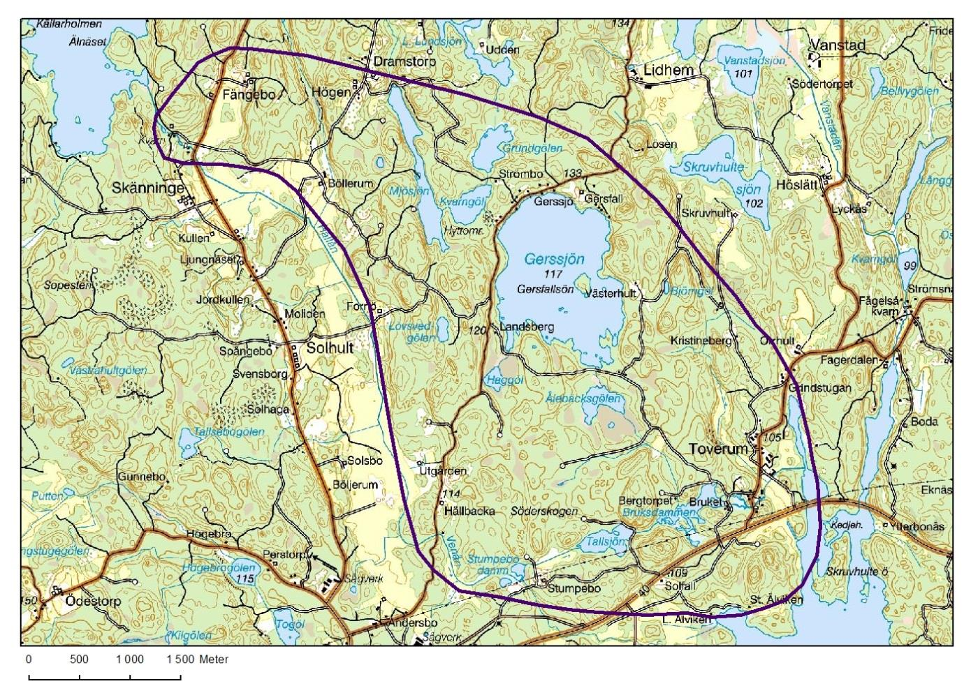 Karta: Riksintressets utbredning: De skogliga bygderna kring