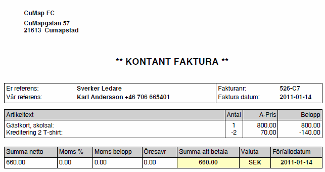 MyTeam - Incheckning 2011-04-14 Sida 6 Nedan visas ett exempel på kontantfaktura: Nya ordrar utan kontantbetalning Om ni kompletterar med transaktioner, men klubben inte har möjlighet att betala