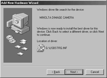 Välj att söka efter drivrutinerna på CD-ROM-skivan i CD-läsaren (CD-ROM drive). Klicka på Next. Hjälpmedlet Installera ny maskinvara (Add new hardware wizard) bekäftar drivrutinernas plats.