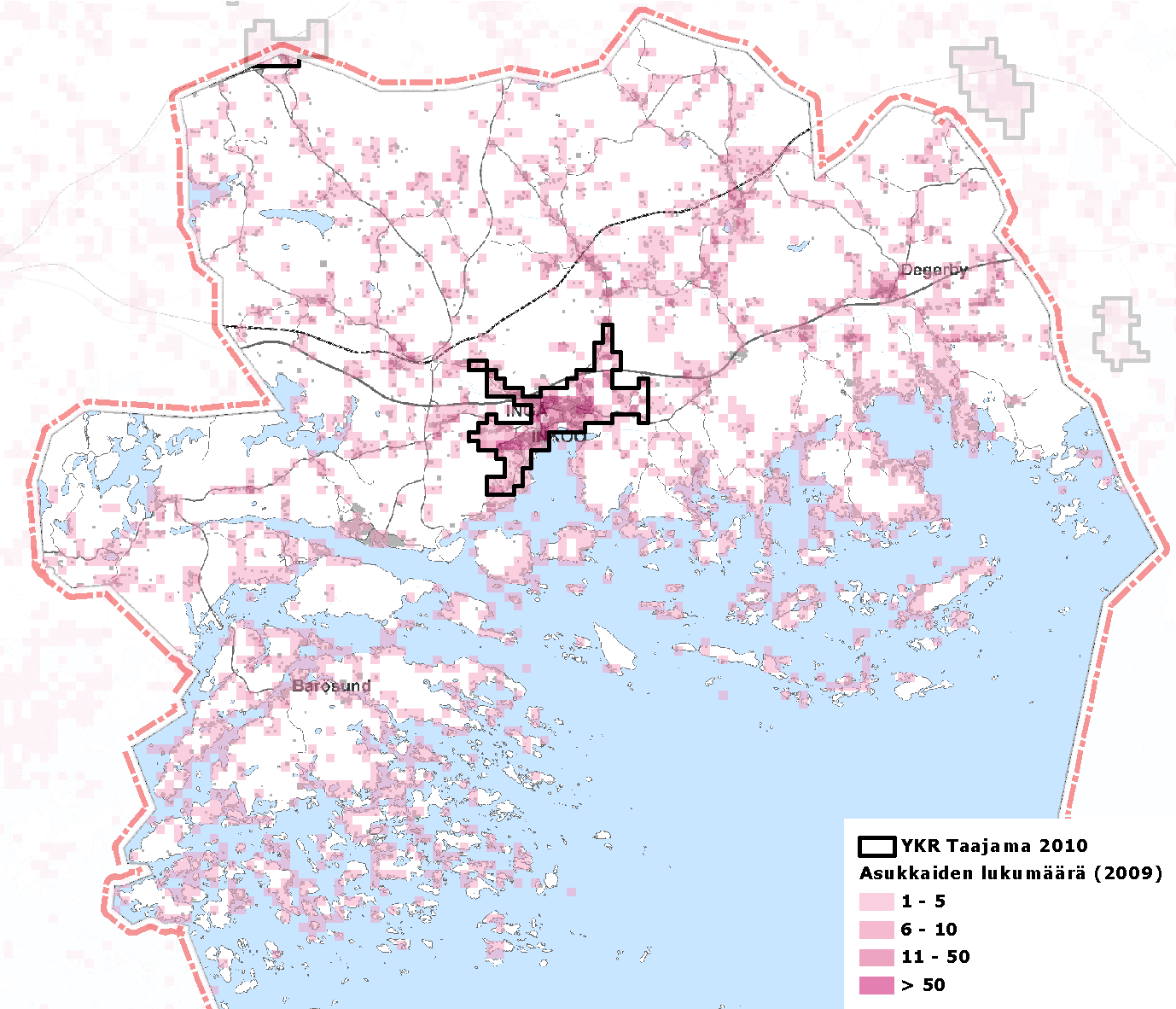 19 (108) Fördelningen av befolkningen inom kommunens område. Data: Statistikcentralen 2010, Grundkarta: Logica, Lantmäteriverket 2012.