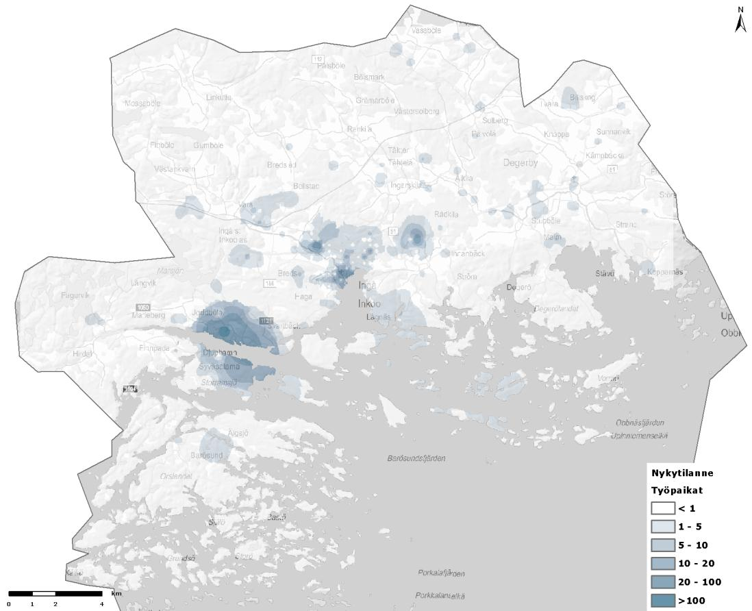 22 (108) Arbetsplatserna i Ingå är särskilt koncentrerade till Joddböle hamn- och industriområde. Arbetsplatserna inom servicen är koncentrerade till Ingå centrum.