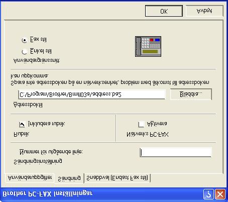 Ställa in Sändning Klicka på fliken Sändning på dialogrutan Brother PC-FAX Inställningar för att visa skärmen nedan.