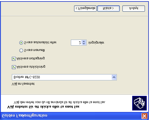 6 Skriv avsändarinformation och klicka på Nästa. 7 Välj Brother MFC-8220 på rullgardinsmenyn Välj en faxenhet.