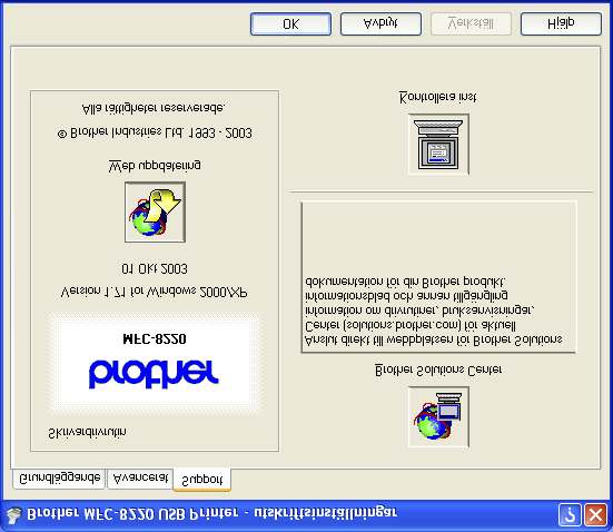 Fliken Support Fliken Support innehåller information om skrivardrivrutinens version och inställning. Det finns dessutom länkar till webbplatserna Brother Solutions Center och Web uppdatering.