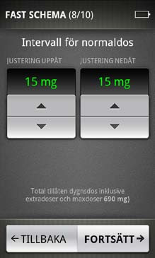 1.9 Ställa in intervall för dosjustering Nu kan du ställa in intervallet inom vilken nivå patienten får justera morgondosen. Klicka sedan på FORTSÄTT.