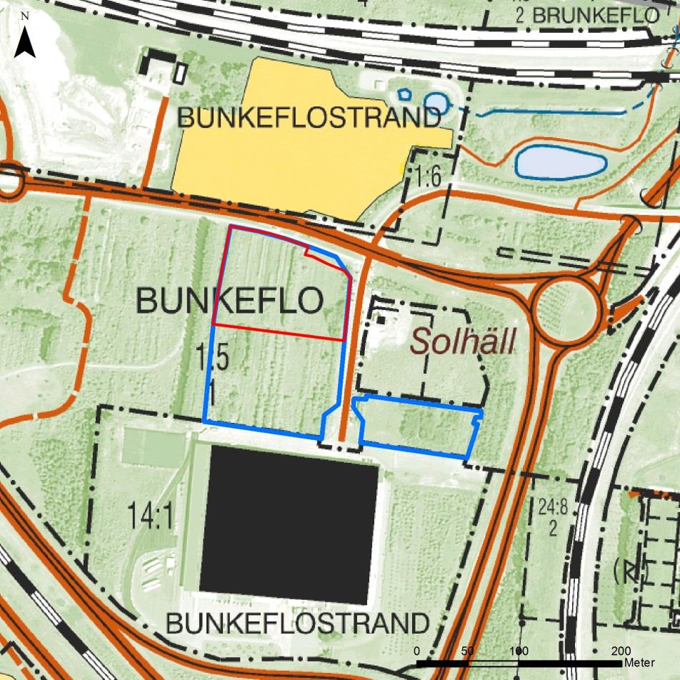 Figur 4. Exploateringsområdet markerat med blått. Utredningsområdet markerat med rött.