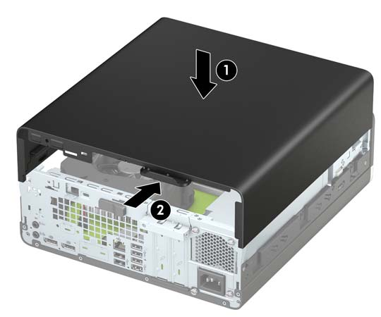 Sätta tillbaka datorns åtkomstpanel Kontrollera att frigöringsspaken för åtkomstpanelen är låst på plats, sätt tillbaka panelen på datorn (1) och