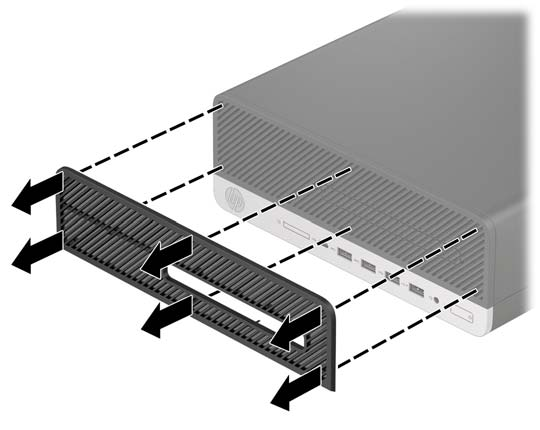 Ta bort och montera tillvalet dammfilter för täckram för frontpanel Vissa modeller är utrustade med täckram för frontpanelen som har ett dammfilter.