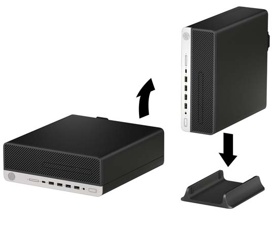 Ändra en bordsdator till stående läge Small Form Factor-datorn kan användas i stående läge med hjälp av ett stativ (tillval) som finns att köpa från HP. OBS!