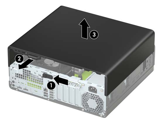 Ta bort datorns åtkomstpanel Du måste ta bort åtkomstpanelen för att komma åt de inre komponenterna. 1. Ta bort/skruva loss säkerhetsenheter som hindrar datorn från att öppnas. 2.