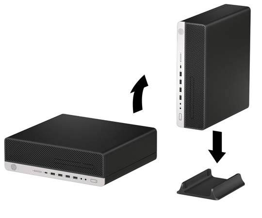 Ändra en bordsdator till stående läge Small Form Factor-datorn kan användas i stående läge med hjälp av ett stativ (tillval) som finns att köpa från HP. OBS!