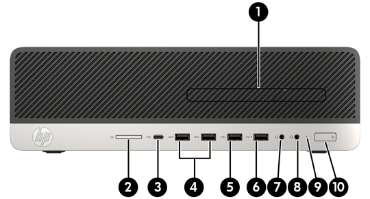 Komponenter på framsidan Enhetskonfiguration kan variera beroende på modell. Vissa modeller har ett panelskydd som täcker enhetsfacket för den optiska enheten av Slim-modell.