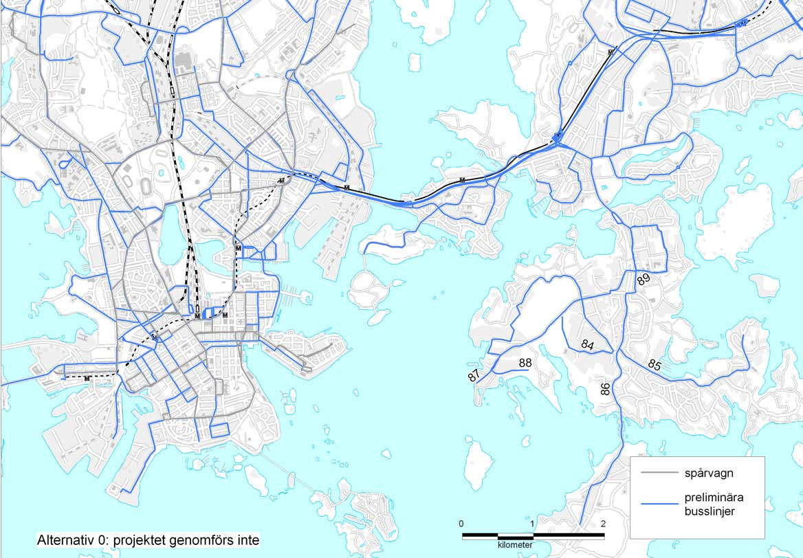 Figur 11. Alternativ 0. Projektet genomförs inte. Från Degerö går matarbussar (84-89) till Hertonäs metrostation. 4.4.1 Projektet genomförs inte (0-alternativ) Bedömningen avser en ny trafikförbindelse mellan centrum och Degerö.