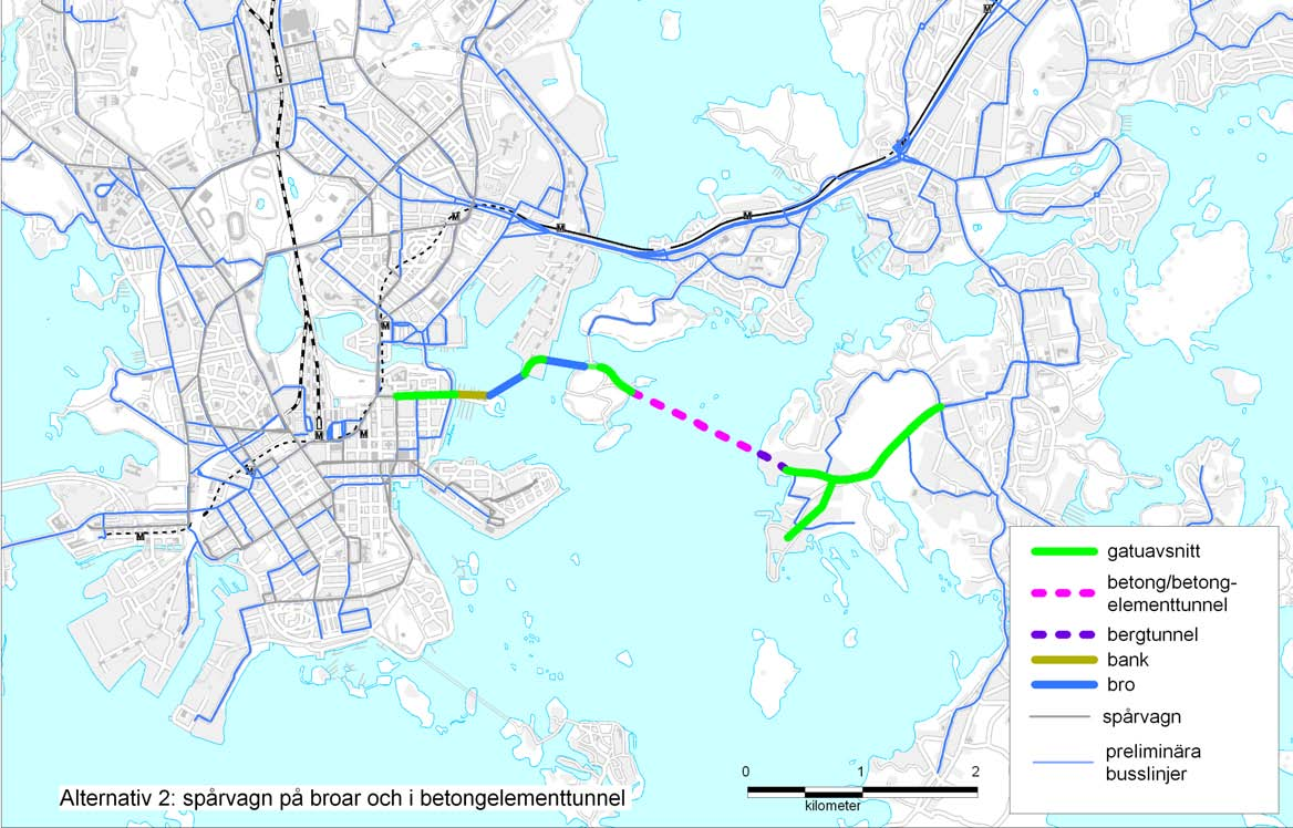 Figur 13. Alternativ 2. Betongtunnel- och broförbindelse för spårvagn och GC-trafik mellan Kronohagen Sumparn Högholmen - Degerö(samt matarbussarna 84,
