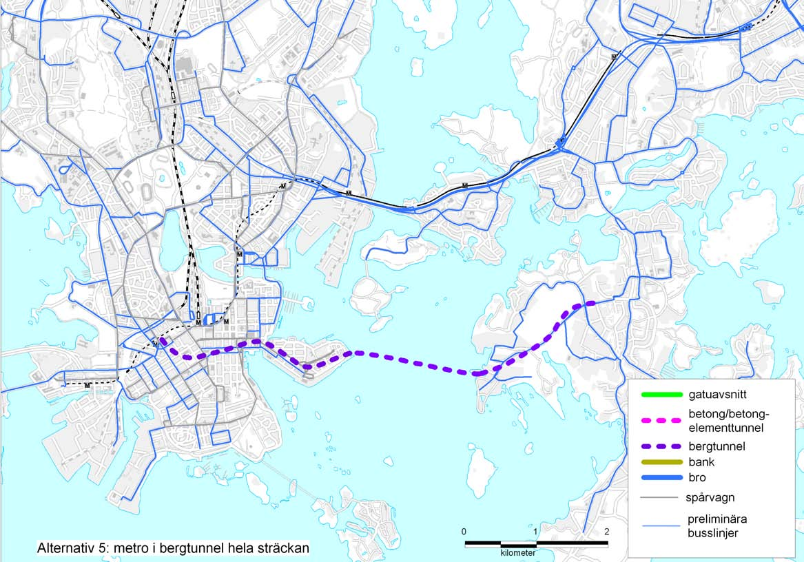 Figur 16. Alternativ 5. Metro i bergtunnel från Degerö till centrum (samt matarbussarna 84,