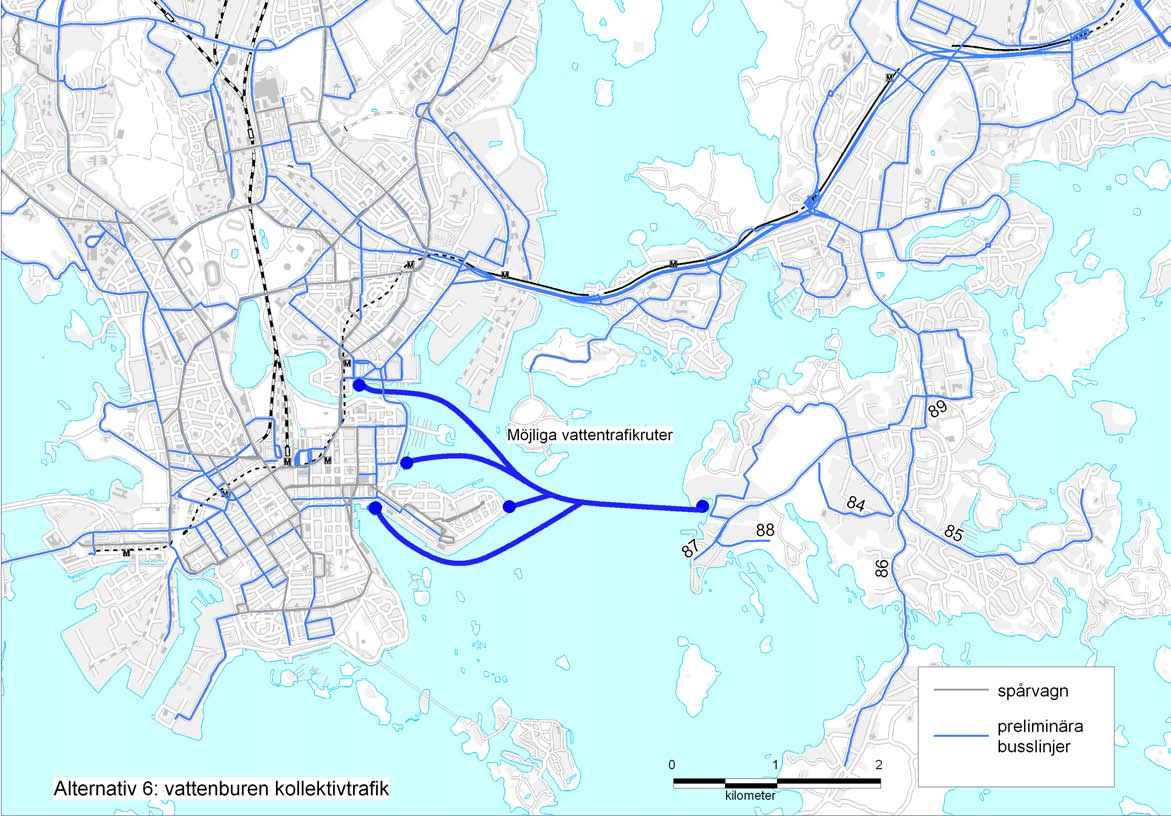 Figur 17. Alternativ 6. Möjliga linjedragningar och kajplatser för den vattenburna kollektivtrafiken mellan Degerö och centrum (samt matarbussarna 84,