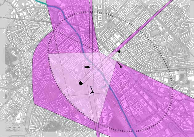 NORR (GAMLA E4:AN) VAKSALAGATAN UKK E4:A OCH JÄRNVÄGEN DAG HAMMARSKJÖLDS VÄG Lila, siktsektorer som kommer in från stadens ytterområden i riktning mot slottet, domkyrkan och Carolina Rediviva.