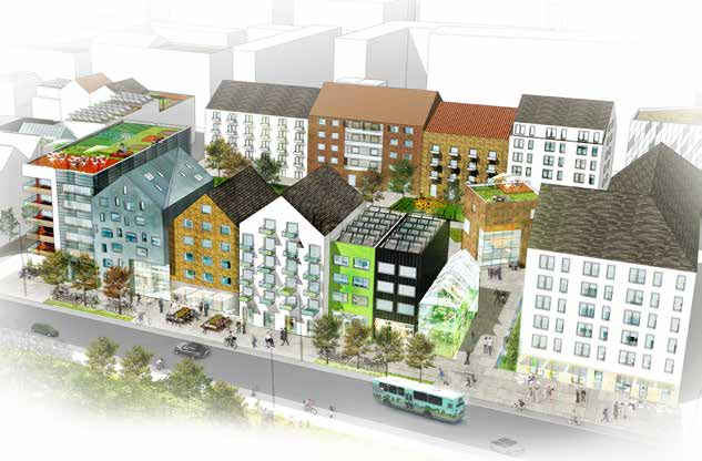 Illustration som visar hur nya stadskvarter kan utformas med variation i uttryck och innehåll och händelserika bottenvåningar.
