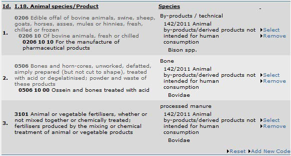 Försändelse I.18. Djurart/produkt KN-numret och tillägg i den officiella handlingen för handel kan ändras med hjälp av knapparna Välj, Ta bort, Återställ och Lägg till nytt nummer.