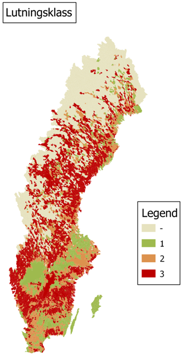 Tabell 2 Lutning (%) Klass Klass från till Använd värde i simulering Låg 1 0 1.99 1.43 Mellan 2 1.99 3.26 2.57 Hög 3 3.26 4.64 Tabell 11. s 45.