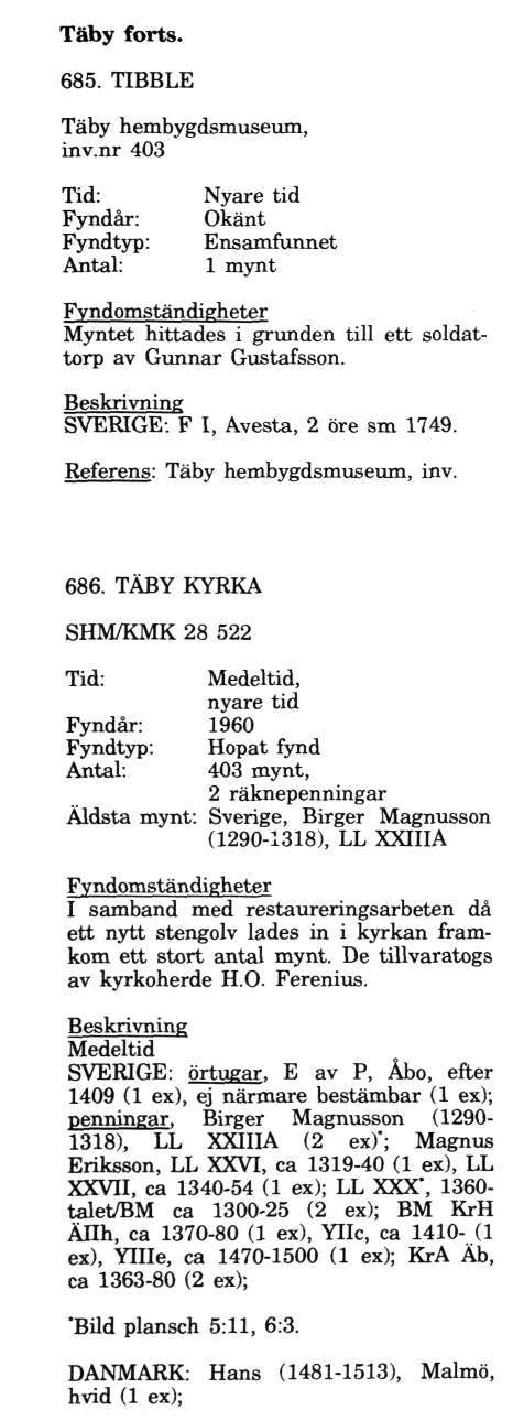 Täby forts. 685. TIBBLE in v. nr 403 Myntet hittades i grunden till ett soldattorp av Gunnar Gustafsson. SVERIGE: F I, Avesta, 2 öre sm 1749. Referens: inv. 686.