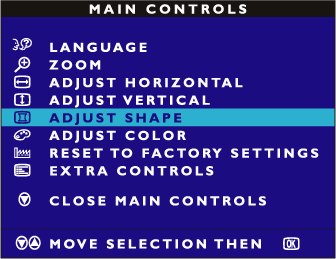 8) För att justera parallellogrammet, trycker du på knappen (-) or (+) 9) När du har ställt in parallelogram, tryck på MENU knappen för att återgå till ADJUST SHAPEfönstret.