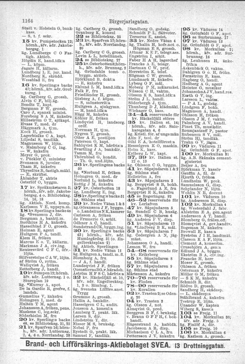 1164 Birgerjarlsgatan. Stael v. Holstein G, bank- äg. Carlberg G, grossh, Sandberg O, godsäg. 95 kv. Väduren 14 kass. Granberg K, konsul Schmidt P L, fältveter. äg. Grönfeldt G-'F', apot. - S, t. f. sekr.