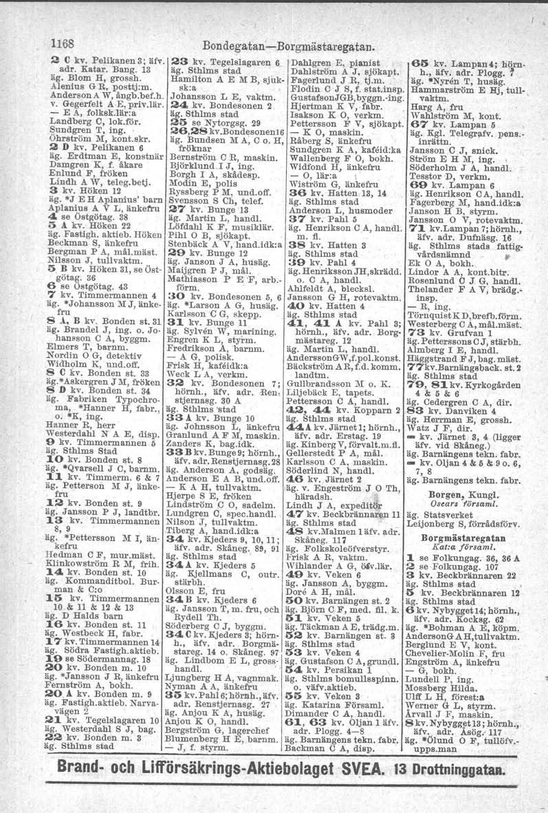 1168 2 C kv. Pelikanen 3; äfv. adr. Katar. Bang. 13 äg. Blom H, grossh. Alenius G R, posttj:m. Anderson AW, ångb.bef.h. v. Gegerfelt AE, priv.lär. - E A, folksk.lär:a Landberg e, lok.för. f?undgren T, ing.