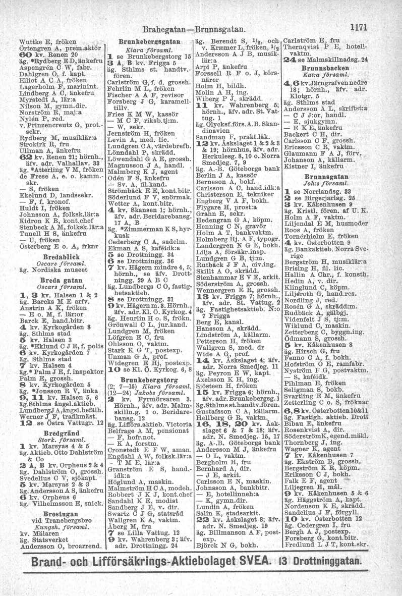 Brahegatan-«Brunnsgatan. Wuttke E, frqken Brnnkeber~8gataR äg. Berendt S, 1/2, och Örtengren A, prem.aktör Klara försam.l, v. :iv'remerl, fröken, 112 60 kv.