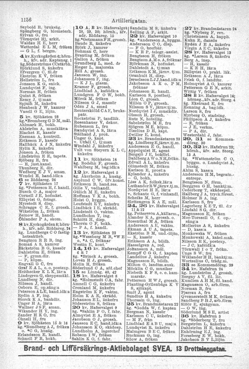 1156 Artilleriga tan: Seybold R, bruksäg. 10 Å, B kv"hafssvalgetj Sandelin M S; änkefru. Spångberg G, blomsterh. 28, 29, 30; hörnh., äfv. Selling A P, arkit. Sylvan G, fru adr, Riddareg. 15 22 kv.