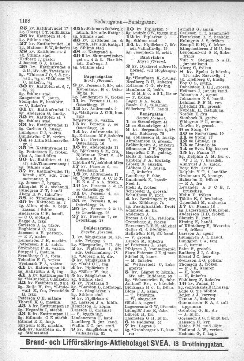 1158 25 kv. Katthufvudet 17 äg. Öberg I C T,bildh,änka 26 kv. Kattfoten st. 4 äg. Sthlm s stad 27 kv. Katthufvudet 16 äg. Mattson E W, änkefru 28 kv. Kattfoten sk 6.