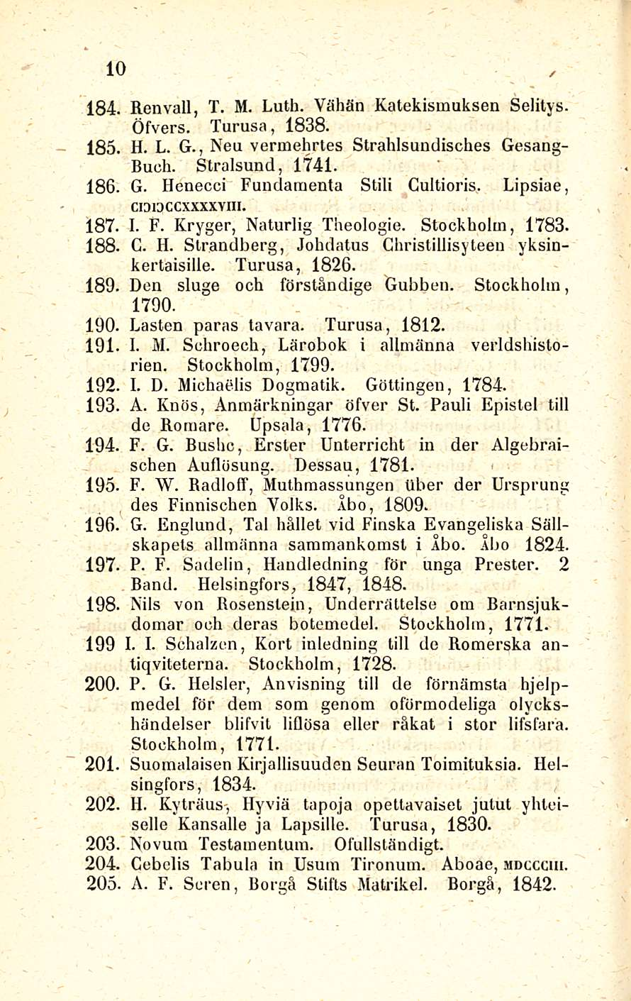 10 184. Renvall, T. M. Luth. Vähän Katekismuksen Selitys. Öfvers. Turusa, 1838. 185. H. L. G., Neu vermehrtes Strahlsundisches Gesang- Buch. Stralsund, 1741. 186. G. Henecci Fundamenta Stili Gultioris.