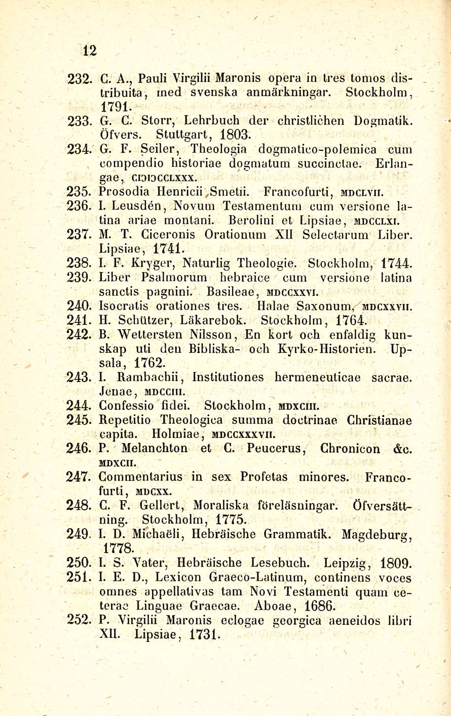 12 G. A., Pauli Virgilii Maronis opera in tres tomos distribuita, med svenska anmärkningar. Stockholm, 1791. G. C. Storr, Lehrbuch der christlichen Dogmatik. Öfvers. Stuttgart, 1803. G. F.