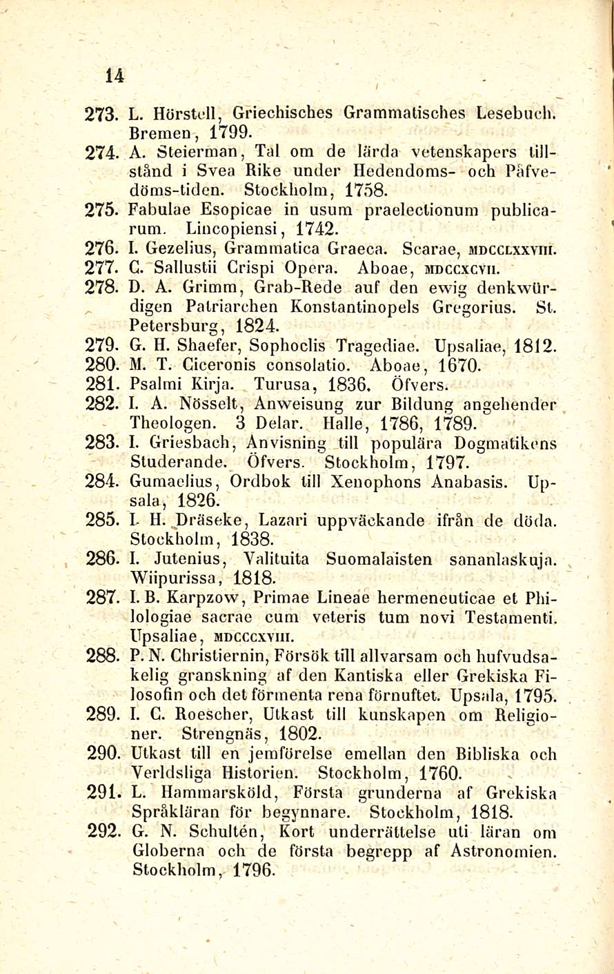 14 L. Hörstell, Griechisches Gramniatisches Lesebuch. Bremen, 1799. A. Steierman, Tai om de lärda vetenskapers lillstånd i Svea Rike under Hedendoms- och Pafvedöms-tiden. Stockholm, 1758.