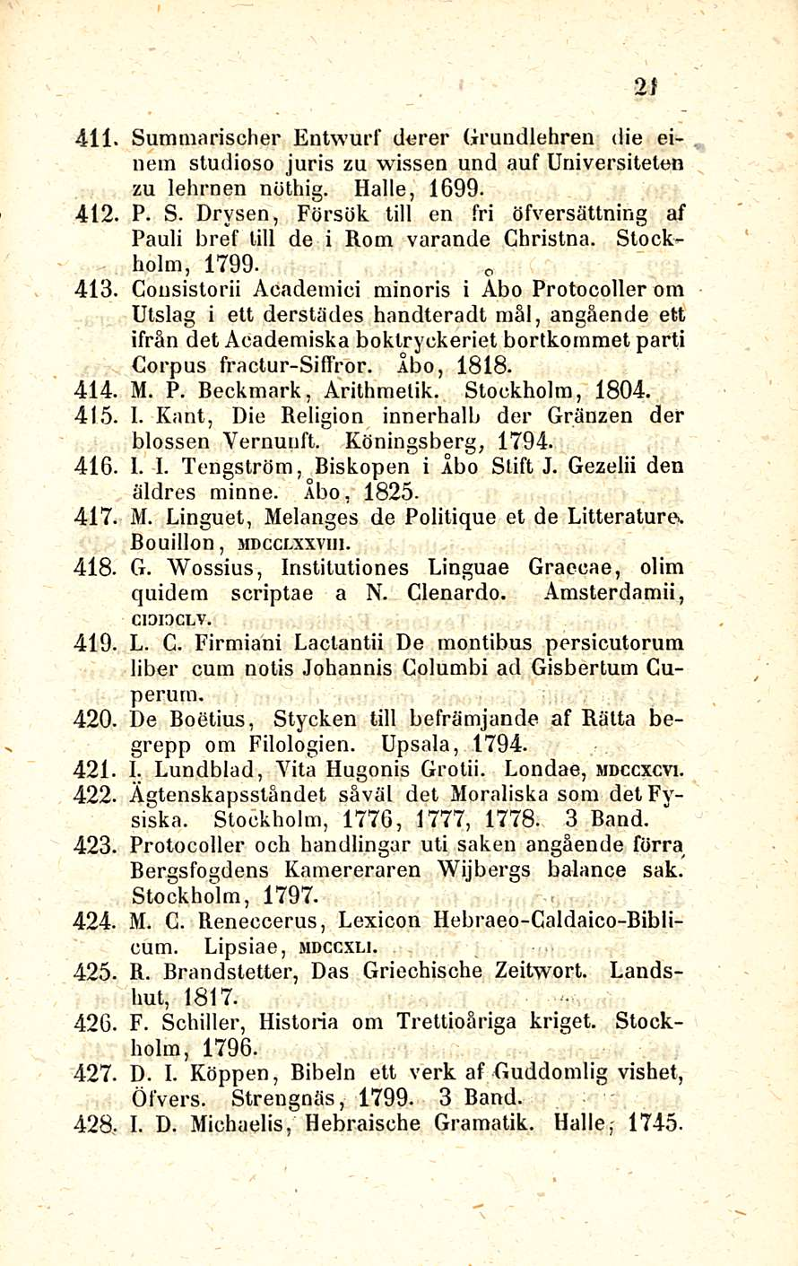 21 411. Summarischer Entwurf derer Grundlehren die einein studioso juris zu wissen und auf Universiteten zu lehrnen nöthig. Halle, 1699. 412. P. S. Drysen, Försök tili en fri öfversättning af Pauli bref tili de i Rom varande Christna.
